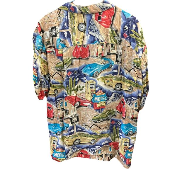 Paradise Found Mens Hawaiian Shirt Route 66 Sz XL Vtg Cars Fuel Injection Desert - Picture 2 of 7